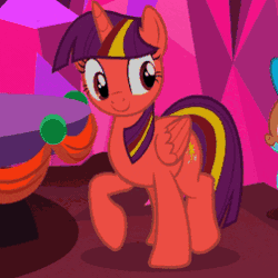 Size: 252x252 | Tagged: safe, color edit, derpibooru import, edit, edited screencap, editor:watermelon changeling, screencap, spike, twilight sparkle, twilight sparkle (alicorn), alicorn, dragon, pony, a hearth's warming tail, animated, club can't handle me, color cycling, colored, cropped, dancing, female, gif, happy, hue, loop, mare, party hard, solo focus, turning, wat