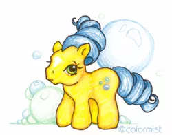 Size: 339x266 | Tagged: safe, artist:colormist, derpibooru import, bubbles (g1), earth pony, pony, bubble, curly mane, g1, simple background, solo, star (coat marking), white background