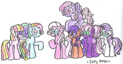 Size: 2228x1161 | Tagged: artist:porfavorsuvida, cheerilee (g3), core seven, derpibooru import, g3.5, pinkie pie (g3), rainbow dash (g3), safe, scootaloo (g3), starsong, sweetie belle (g3), toola roola, traditional art