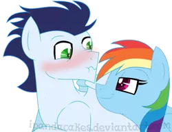 Size: 1024x789 | Tagged: safe, artist:ipandacakes, derpibooru import, rainbow dash, soarin', pony, blushing, female, male, scrunchy face, shipping, simple background, soarindash, straight, transparent background