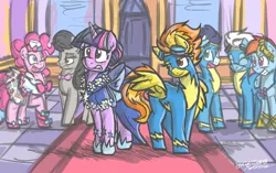 Size: 4925x3100 | Tagged: safe, artist:flutterthrash, derpibooru import, fleetfoot, octavia melody, pinkie pie, rainbow dash, soarin', spitfire, twilight sparkle, earth pony, pegasus, pony, unicorn, aviator goggles, blushing, clothes, commission, crack shipping, dress, female, gala dress, goggles, lesbian, male, mare, octavia is not amused, shipping, signature, stallion, twifire, unamused, unicorn twilight, uniform, wonderbolts, wonderbolts uniform