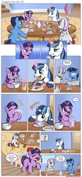 Size: 1200x2595 | Tagged: safe, artist:muffinshire, derpibooru import, night light, shining armor, twilight sparkle, twilight velvet, pony, unicorn, comic:twilight's first day, blushing, bomb ass tea, bread, breakfast, cereal, comic, cute, dexterous hooves, drinking, eating, egg, eyes closed, female, filly, foal, food, honey, juice, magic, male, mare, meme origin, muffin, newspaper, open mouth, reading, slice of life, sonic rainboom, sparkle family, stallion, tea, teapot, toast, twiabetes