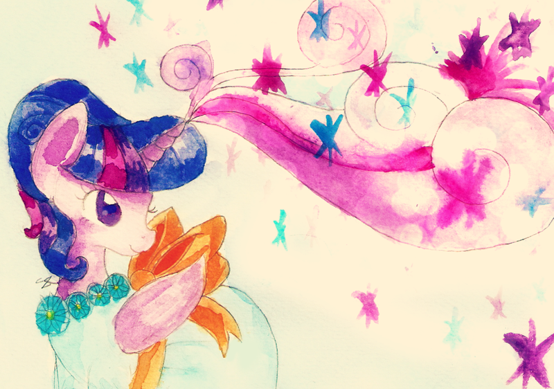 Size: 1024x719 | Tagged: safe, artist:chiuuchiuu, derpibooru import, twilight sparkle, twilight sparkle (alicorn), alicorn, pony, what about discord?, clothes, dress, gala dress, magic, solo, traditional art, watercolor painting