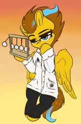 Size: 3011x4614 | Tagged: safe, artist:wickedsilly, derpibooru import, oc, oc:particle haze, unofficial characters only, pegasus, pony, absurd resolution, bipedal, clothes, glasses, lab coat, male, newton's cradle, solo, thinking