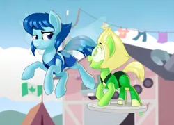 Size: 1122x808 | Tagged: safe, artist:thegamblehorse, deleted from derpibooru, derpibooru import, ponified, earth pony, pegasus, pony, crossover, cute, duo, duo female, female, floating, flying, lapis lazuli (steven universe), lidded eyes, magnetism, peridot (steven universe), smiling, steven universe