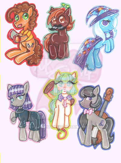 Size: 400x539 | Tagged: safe, artist:kawaii-desudesu, derpibooru import, boulder (pet), button mash, cheese sandwich, coco pommel, maud pie, octavia melody, trixie, pony, unicorn, accordion, cape, cello, chibi, clothes, facial hair, female, hat, mare, moustache, musical instrument, obtrusive watermark, trixie's cape, trixie's hat, watermark