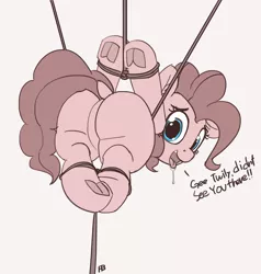 Size: 1280x1346 | Tagged: suggestive, artist:pabbley, derpibooru import, pinkie pie, earth pony, pony, 30 minute art challenge, bondage, butt, dialogue, dock, drool, featureless crotch, female, frog (hoof), hoofbutt, implied twilight sparkle, looking back, mare, monochrome, partial color, plot, simple background, solo, solo female, suspended, tongue out, underhoof