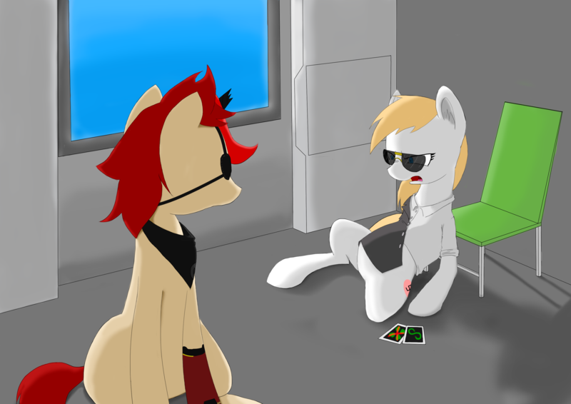 Size: 3508x2480 | Tagged: safe, artist:mediocre, derpibooru import, oc, oc:aryanne, oc:red pone (8chan), unofficial characters only, earth pony, pony, unicorn, /pone/, 8chan, broken horn, chair, clothes, eyepatch, female, heart, horn, kazuhira miller, metal gear, metal gear solid 5, nazi, photos, power fist, scarf, shirt, sitting, solid snake, sunglasses, swastika, venom snake