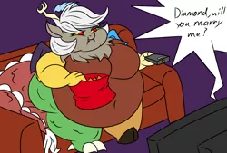 Size: 1224x825 | Tagged: anthro, artist:jacalope, artist:mad'n evil, ask, barbie doll anatomy, bbw, big breasts, breasts, colored, derpibooru import, discord, eris, fat, female, huge eris, morbidly obese, obese, rule 63, solo, suggestive, television, tumblr