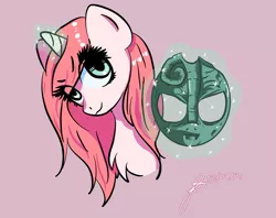 Size: 1350x1070 | Tagged: safe, artist:cysd16, derpibooru import, oc, oc:strawberry milkshake, unofficial characters only, pony, unicorn, cat smile, dio brando, frown, green eyes, green magic, jojo's bizarre adventure, mask, mischevious, phantom blood, pink coat, pink mane, silly, silly pony, solo, stone mask