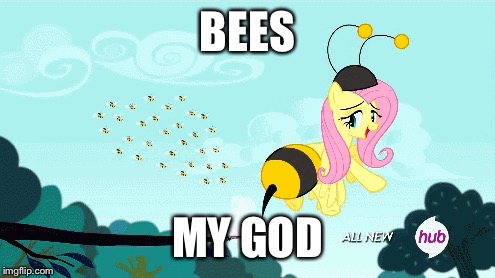 Size: 495x278 | Tagged: safe, derpibooru import, edit, edited screencap, screencap, fluttershy, bee, insect, pegasus, pony, it ain't easy being breezies, animal costume, atop the fourth wall, batman, bee costume, bees my god, clothes, costume, female, flutterbee, linkara, mare