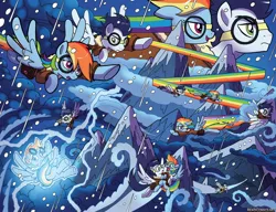 Size: 1800x1384 | Tagged: safe, artist:tonyfleecs, derpibooru import, idw, rainbow dash, soarin', pegasus, pony, friends forever, spoiler:comic, spoiler:comicff36, clothes, duo, female, fleece jacket, flying, goggles, jacket, lightning, male, mare, mountain, official comic, rainbow trail, snow, speed trail, stallion, wonderbolts, yaket range