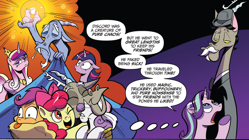 Size: 1988x1119 | Tagged: safe, artist:andypriceart, derpibooru import, idw, accord, apple bloom, discord, princess cadance, scootaloo, starlight glimmer, sweetie belle, twilight sparkle, twilight sparkle (alicorn), alicorn, draconequus, pony, three's a crowd, spoiler:comic, spoiler:comic24, spoiler:comic50, comic, cutie mark crusaders, hug, official comic, panel