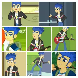 Size: 1024x1024 | Tagged: safe, derpibooru import, edit, edited screencap, screencap, flash sentry, equestria girls, equestria girls (movie), friendship games, rainbow rocks, angry, bag, camp everfree outfits, clothes, electric guitar, eyes closed, guitar, hand in pocket, happy, jacket, lockers, looking at you, musical instrument, shoes, smiling, sneakers