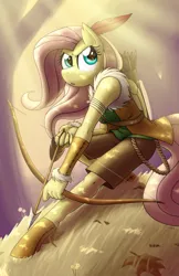 Size: 1024x1583 | Tagged: anthro, archer, arrow, artist:zaron, bow and arrow, bow (weapon), clothes, derpibooru import, fluttershy, pegasus, quiver, safe, solo, unguligrade anthro, weapon