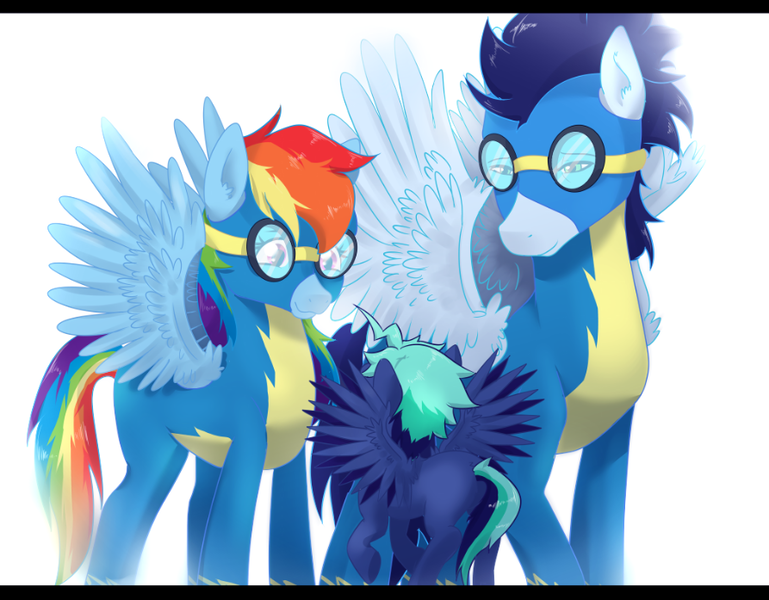 Size: 893x697 | Tagged: safe, artist:gamblingfoxinahat, derpibooru import, rainbow dash, soarin', oc, oc:sky dust, pegasus, pony, clothes, colt, female, goggles, male, offspring, parent:rainbow dash, parent:soarin', parents:soarindash, shipping, soarindash, straight, uniform, wonderbolts uniform