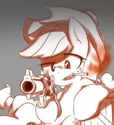 Size: 2176x2376 | Tagged: safe, artist:akainu_pony, derpibooru import, applejack, earth pony, pony, alternate eye color, applejack's hat, cigarette, cowboy hat, crate, female, gray background, gun, handgun, hat, high res, hooves, limited palette, mare, open mouth, revolver, simple background, smoke, smoking, solo, teeth, weapon, who needs trigger fingers