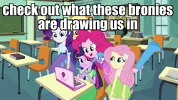 Size: 1920x1080 | Tagged: safe, derpibooru import, edit, edited screencap, screencap, applejack, fluttershy, pinkie pie, rarity, twilight sparkle, equestria girls, equestria girls (movie), book, boots, bracelet, bronybait, caption, chalkboard, classroom, computer, door, happy, high heel boots, image macro, incomplete twilight strong, jewelry, laptop computer, meme, pinkie pie laptop, raised leg, shoes, table, text