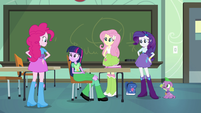 Size: 1920x1080 | Tagged: safe, derpibooru import, screencap, fluttershy, pinkie pie, rarity, spike, twilight sparkle, dog, equestria girls, equestria girls (movie), backpack, boots, bracelet, chair, chalkboard, classroom, clothes, door, hand on hip, high heel boots, incomplete twilight strong, jewelry, leg warmers, shoes, skirt, socks, spike the dog, table