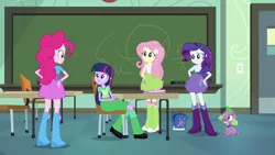 Size: 1920x1080 | Tagged: safe, derpibooru import, screencap, fluttershy, pinkie pie, rarity, spike, twilight sparkle, dog, equestria girls, equestria girls (movie), backpack, boots, bracelet, chair, chalkboard, classroom, clothes, door, hand on hip, high heel boots, incomplete twilight strong, jewelry, leg warmers, shoes, skirt, socks, spike the dog, table