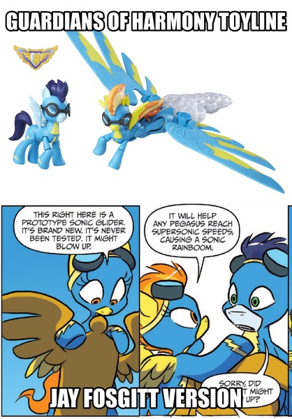 Size: 1494x2147 | Tagged: safe, artist:jay fosgitt, derpibooru import, idw, soarin', spitfire, pegasus, pony, spoiler:comic, spoiler:guardians of harmony, caption, clothes, comic, comic drama, comparison, female, fosgitt drama, goggles, guardians of harmony, idw drama, image macro, male, mare, meme, official comic, sonic glider, speech bubble, stallion, text, toy, uniform, wonderbolts uniform