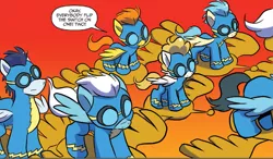 Size: 1335x779 | Tagged: safe, artist:jay fosgitt, derpibooru import, idw, fleetfoot, misty fly, soarin', spitfire, surprise, pegasus, pony, spoiler:comic, spoiler:guardians of harmony, clothes, comic, female, goggles, male, mare, official comic, sonic glider, speech bubble, stallion, uniform, wonderbolts, wonderbolts uniform