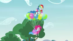 Size: 1280x720 | Tagged: safe, derpibooru import, screencap, pinkie pie, rainbow dash, equestria girls, friendship games, pinkie spy (short), all fours, balloon, boots, bracelet, clothes, cloud, confused, cute, diapinkes, duo, floating, frown, high heel boots, jewelry, kneeling, looking down, open mouth, pinkie being pinkie, pinkie physics, shoes, skirt, smiling, socks, then watch her balloons lift her up to the sky, tree, wat, wide eyes