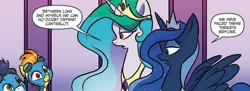 Size: 1600x583 | Tagged: safe, artist:jay fosgitt, derpibooru import, idw, princess celestia, princess luna, soarin', spitfire, alicorn, pegasus, pony, spoiler:comic, spoiler:guardians of harmony, comic, ethereal mane, female, goggles, mare, official comic, speech bubble, spread wings, wings