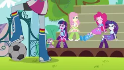 Size: 1920x1080 | Tagged: safe, derpibooru import, screencap, fluttershy, pinkie pie, rainbow dash, rarity, spike, twilight sparkle, dog, equestria girls, equestria girls (movie), balloon, bleachers, boots, bracelet, clothes, football, high heel boots, jewelry, mountain, shoes, shorts, smiling, soccer field, socks, spike the dog, sports, tree