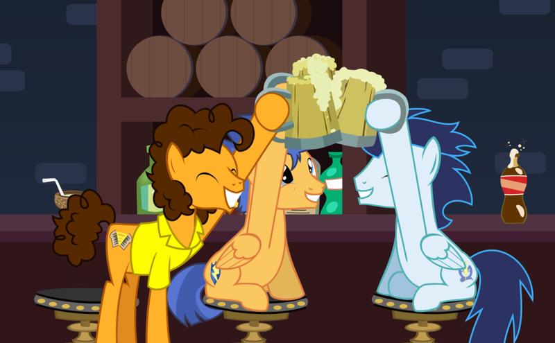 Size: 1024x634 | Tagged: safe, artist:mlp-trailgrazer, derpibooru import, cheese sandwich, flash sentry, soarin', earth pony, pegasus, pony, alcohol, bar, beer, best friends, bros, cheers, cider, drink, drinking, smiling