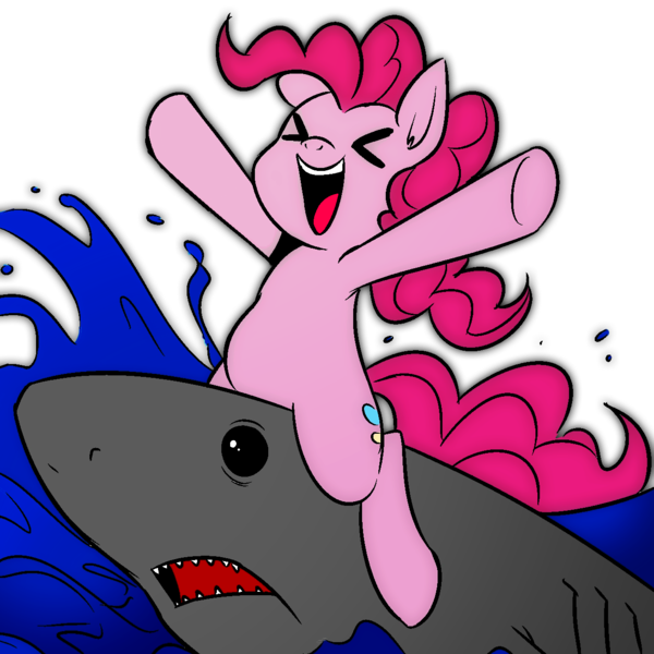 Size: 1270x1270 | Tagged: safe, artist:megasweet, artist:mr square, derpibooru import, pinkie pie, earth pony, pony, shark, ><, cute, diapinkes, eyes closed, female, happy, jumping the shark, mare, open mouth, riding, smiling, underhoof, water, wave