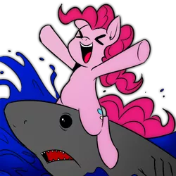 Size: 1270x1270 | Tagged: safe, artist:megasweet, artist:mr square, derpibooru import, pinkie pie, earth pony, pony, shark, ><, cute, diapinkes, eyes closed, female, happy, jumping the shark, mare, open mouth, riding, smiling, underhoof, water, wave