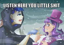 Size: 1330x946 | Tagged: a hearth's warming tail, artist:loure201, caption, cloak, clothes, crying, derpibooru import, edit, human, humanized, image macro, listen here, luna's future, meme, nail polish, princess luna, safe, snow, snowfall, snowfall frost, spirit of hearth's warming yet to come, starlight glimmer, text, vulgar
