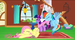 Size: 1360x729 | Tagged: safe, derpibooru import, screencap, fluttershy, rainbow dash, twilight sparkle, pony, dragon quest, dragging, eyes closed, fluttershy's cottage, fluttershy's cottage (interior), flying, mouth hold, tail, tail pull