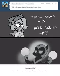 Size: 666x839 | Tagged: artist:egophiliac, ask, cartographer's cap, dark woona, derpibooru import, female, filly, grayscale, hat, lunar stone, monochrome, moonstuck, nightmare moon, nightmare woon, princess luna, safe, tumblr, woona, woonoggles, younger