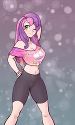 Size: 1562x2600 | Tagged: :>, :3, arm behind head, artist:scorpdk, belly button, bracelet, braless, breasts, busty sweetie belle, cleavage, clothes, colored pupils, compression shorts, derpibooru import, eyelashes, female, food, heart, human, humanized, jewelry, lidded eyes, light skin, long hair, looking at you, marshmallow, midriff, multicolored hair, older, older sweetie belle, one eye closed, pink hair, pose, purple hair, short shirt, smiling, solo, solo female, stupid sexy sweetie belle, suggestive, sweetie belle, wink