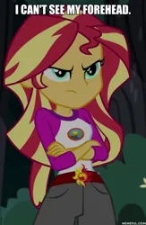 Size: 600x920 | Tagged: safe, derpibooru import, edit, edited screencap, screencap, sunset shimmer, equestria girls, caption, i can't see my forehead, image macro, meme, patty hype, solo, spongebob squarepants, text