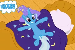 Size: 3491x2354 | Tagged: safe, artist:waffleberry, derpibooru import, trixie, pony, unicorn, bed, blanket, bronybait, clothes, dialogue, dock, female, frog (hoof), hat, hug request, hugs needed, mare, on back, pillow, smiling, solo, trixie's hat, underhoof