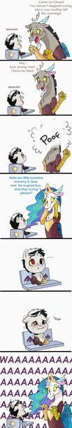 Size: 1024x6032 | Tagged: absurd resolution, artist:hikariviny, comic, crying, derpibooru import, discord, discord's celestia face, hybrid, implied dislestia, implied shipping, implied straight, interspecies offspring, oc, oc:chaotic, offspring, parent:discord, parent:princess celestia, parents:dislestia, safe, sweat