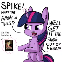 Size: 1080x1080 | Tagged: safe, artist:tjpones, derpibooru import, edit, twilight sparkle, twilight sparkle (alicorn), alicorn, pony, angry, censored vulgarity, cute, exploitable meme, get it the f#@k out of here, grawlixes, implied spike, meme, offscreen character, open mouth, simple background, the nutshack, vulgar, white background