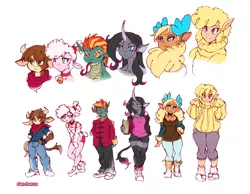 Size: 2500x1942 | Tagged: safe, artist:dan-heron, derpibooru import, arizona cow, oleander (tfh), paprika paca, pom lamb, tianhuo, velvet reindeer, alpaca, anthro, classical unicorn, cow, deer, reindeer, sheep, unicorn, them's fightin' herds, :p, clothes, cloven hooves, community related, fightin' six, height difference, lamb, leonine tail, line-up, simple background, study, sweater, tongue out, unshorn fetlocks