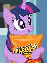 Size: 816x1080 | Tagged: safe, derpibooru import, edit, twilight sparkle, pony, unicorn, /mlp/, 4chan, cheetos, chips, cute, exploitable meme, female, flamin' hot cheetos, food, hug, meme, open mouth, smiling, solo, twilight holding food