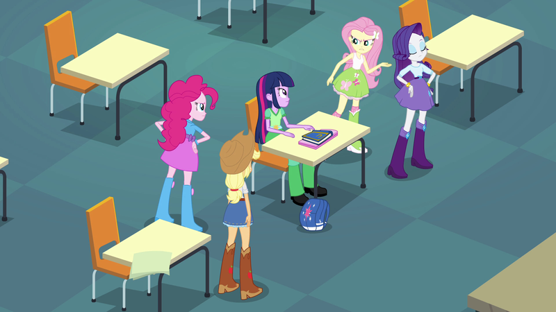 Size: 1920x1080 | Tagged: safe, derpibooru import, screencap, applejack, fluttershy, pinkie pie, rarity, twilight sparkle, equestria girls, equestria girls (movie), backpack, book, boots, chair, classroom, clothes, cowboy boots, cowboy hat, denim skirt, hat, high heel boots, incomplete twilight strong, jewelry, leg warmers, shoes, skirt, socks, stetson, table, tanktop