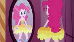 Size: 1920x1080 | Tagged: safe, derpibooru import, screencap, pinkie pie, equestria girls, equestria girls (movie), bare shoulders, boots, bracelet, clothes, dress, fall formal outfits, high heel boots, jewelry, mirror, open mouth, shoes, sleeveless, smiling, solo, strapless, this is our big night