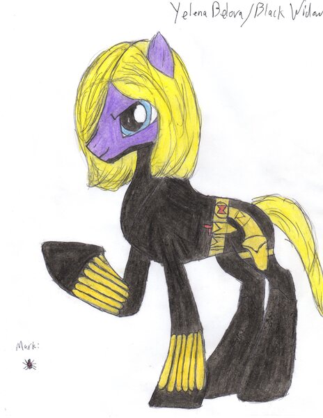 Size: 2550x3300 | Tagged: safe, artist:aridne, derpibooru import, ponified, pony, black widow (marvel), marvel, solo, traditional art, yelena belova