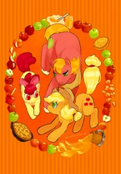 Size: 600x861 | Tagged: safe, artist:kirokokori, derpibooru import, apple bloom, applejack, big macintosh, pony, apple, apple fritter (food), apple jam, apple pie, apple siblings, apple sisters, brother and sister, cider, food, male, pie, siblings, sisters