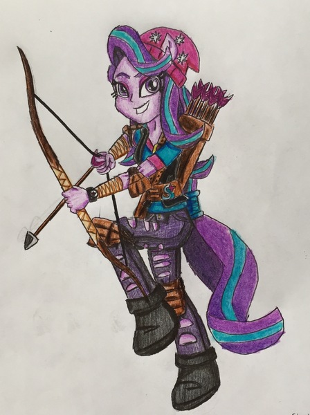 Size: 1760x2355 | Tagged: safe, artist:bozzerkazooers, derpibooru import, starlight glimmer, equestria girls, arrow, bow (weapon), bow and arrow, ninja, ponied up, solo, traditional art, weapon