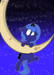 Size: 2480x3400 | Tagged: safe, artist:goldenled, derpibooru import, princess luna, alicorn, pony, :<, crescent moon, cute, female, filly, floppy ears, frown, hang in there, hanging, lunabetes, moon, night, night sky, sky, solo, stars, tangible heavenly object, transparent moon, underhoof, wide eyes, woona, younger