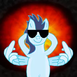 Size: 4056x4032 | Tagged: safe, artist:tacomytaco, derpibooru import, soarin', pegasus, pony, absurd resolution, arm behind head, belly button, bipedal, explosion, male, middle feather, middle finger, solo, sunglasses, vulgar, wing hands, wings