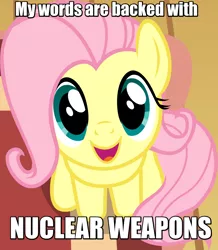 Size: 1136x1303 | Tagged: safe, artist:badumsquish, derpibooru import, edit, part of a set, fluttershy, pegasus, pony, badumsquish is trying to murder us, badumsquish's kitties, caption, civilization, cute, dissonant caption, female, gandhi, grimcute, grin, happy, image macro, looking at you, looking up, looking up at you, mare, meme, nuclear gandhi, shyabetes, sitting, smiling, solo, text, weapons-grade cute